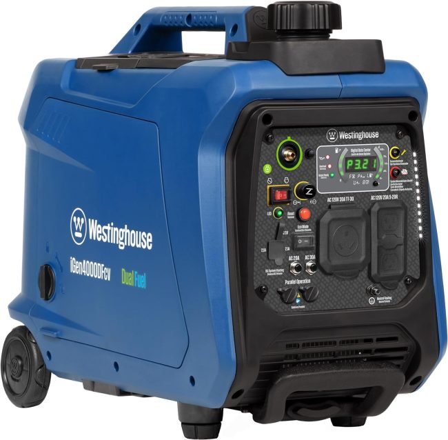 Westinghouse Dual Fuel Portable Generator iGen4000DFcv with LED display, multiple outlets, and wheels for mobility