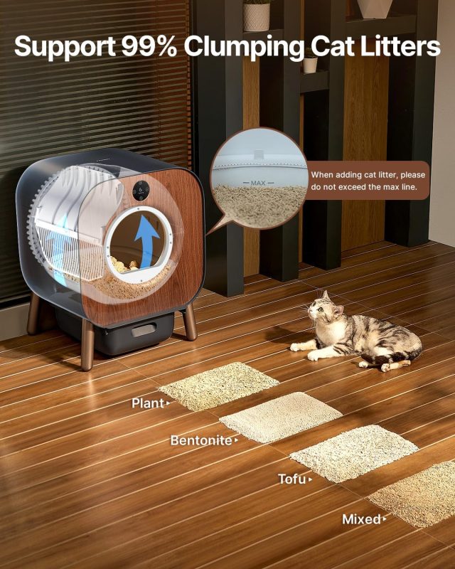 Modern cat litter box compatible with plant, bentonite, tofu, and mixed clumping litters, featuring a cat