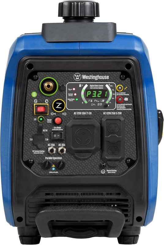 Front view of Westinghouse portable generator showing digital display, power outlets, and control buttons