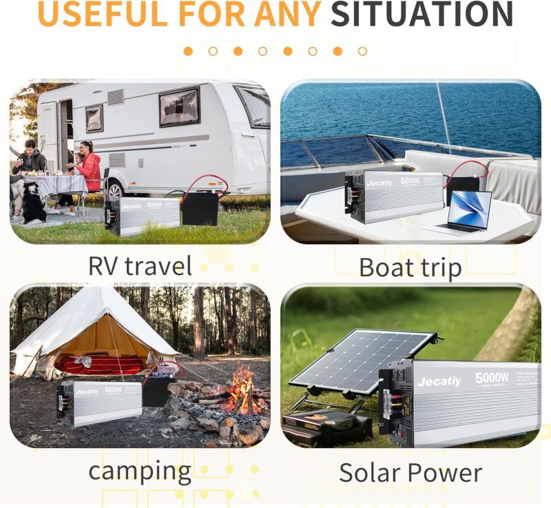 Jecatty 5000W power inverter in use during RV travel, boat trip, camping, and connected to solar panels