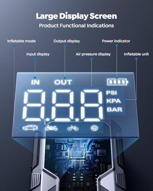 Digital display of an air pump showing modes for car, motorcycle, bicycle, and ball, with indicators for input, output, air pressure, and power status