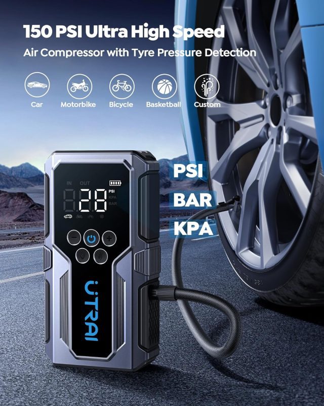 Digital portable air compressor displaying a 150 PSI pressure gauge connected to a car tire, with multi-use icons for car, bike, and sports equipment.