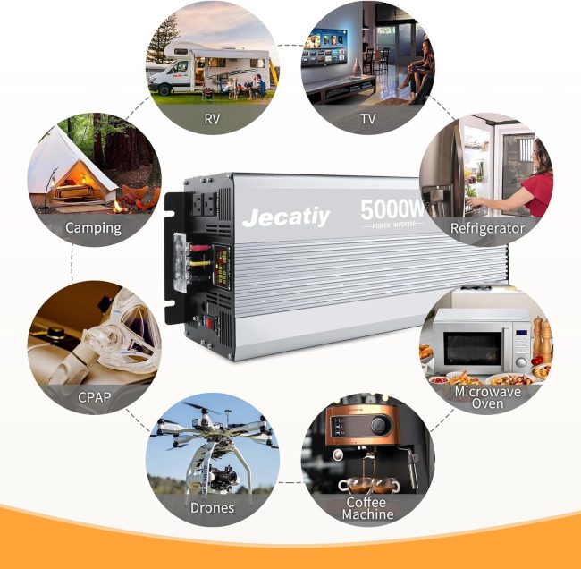 Jecatiy 5000W power inverter used in RVs, for household appliances, and outdoor activities