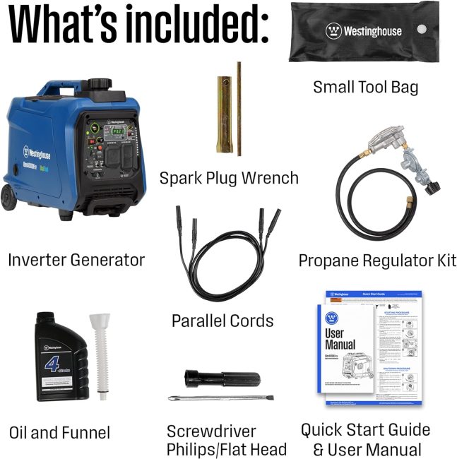 Westinghouse generator set contents including inverter generator, tools, and manuals