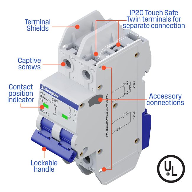 Detailed view of Westinghouse circuit breaker showing terminal shields, IP20 touch-safe terminals, captive screws, accessory connections, contact position indicator, and lockable handle with UL certification.