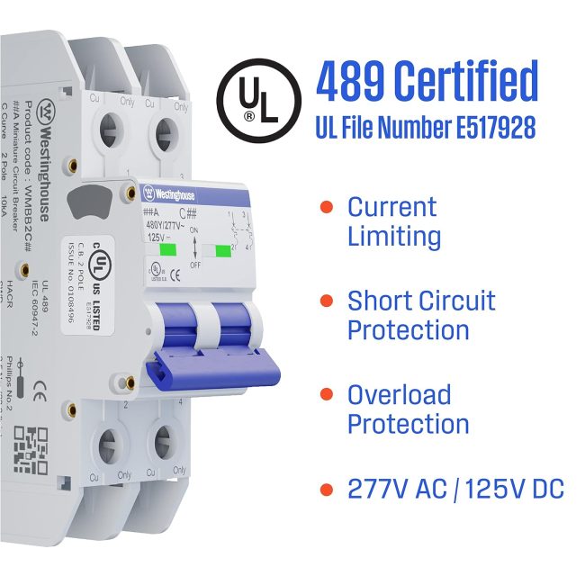 Westinghouse UL listed 2-pole circuit breaker with current limiting, short circuit, and overload protection features.