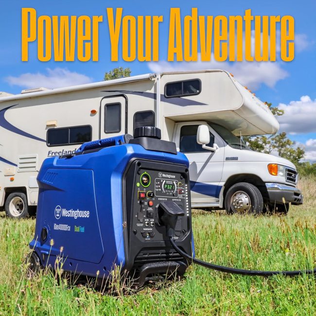 Westinghouse portable generator on grass powering a Freelander RV in a field, with 'Power Your Adventure' text