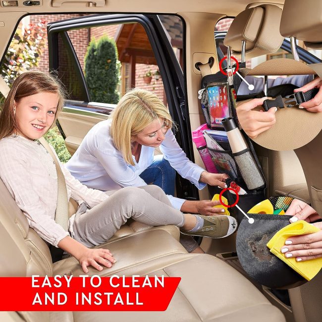 Adult organizing backseat with a car seat organizer featuring easy installation and cleanup, holding various items like a tablet and a bottle