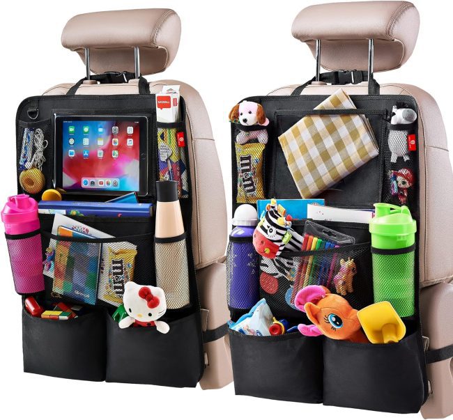 Car seat organizers with toys, snacks, and drinks for kids in a car