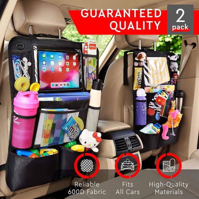 Car seat organizers with multiple compartments and tablet pocket, filled with toys, snacks, and drinks