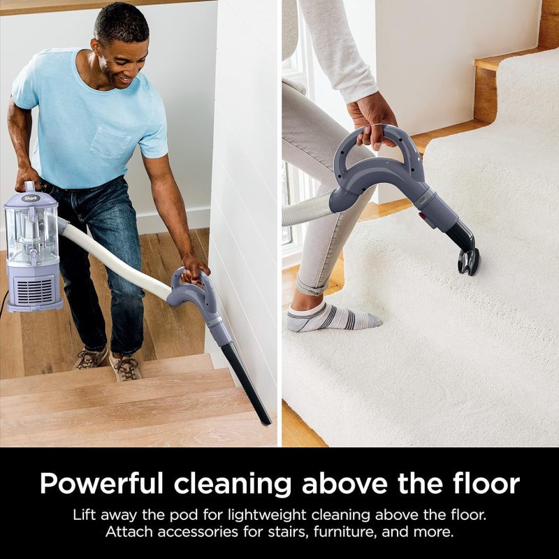 Man uses Shark vacuum's lift-away pod on stairs while another cleans carpeted steps, showcasing versatile and lightweight features