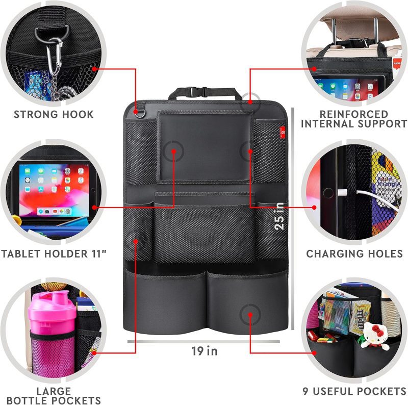 Car back seat organizer featuring a tablet holder, large bottle pockets, and multiple storage compartments