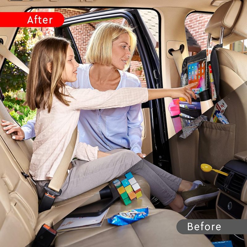 Backseat transformation showing a cluttered car before and a neatly organized space with an organizer after