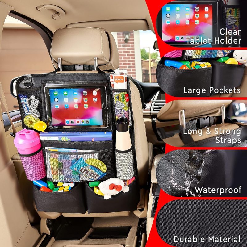 Car seat back organizer with clear tablet holder, waterproof material, and multiple large pockets filled with items