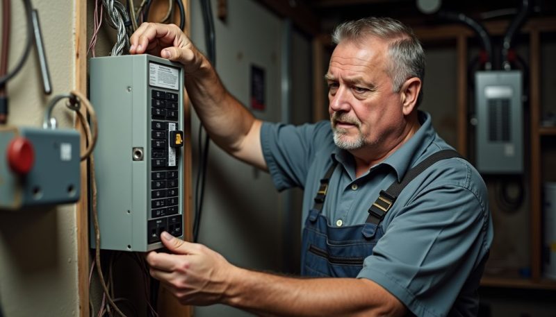 A middle-aged electrician replaces a Westinghouse circuit breaker in a basement.