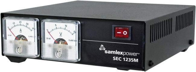 Front view of the Samlex SEC 1235M power supply featuring dual analog meters for voltage and amperage