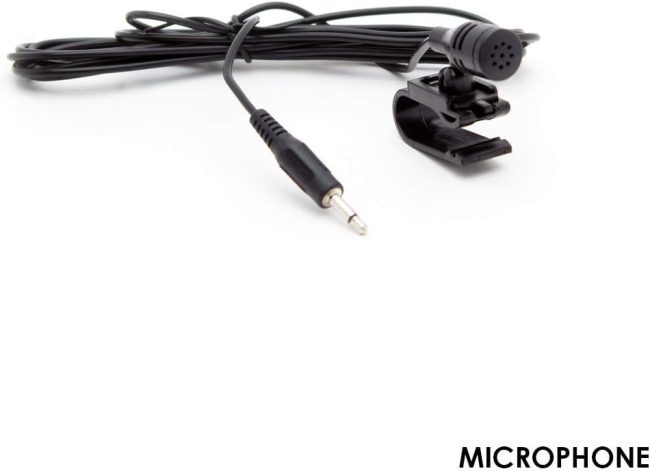 Close-up of a clip-on lavalier microphone with a cable and 3.5mm audio jack