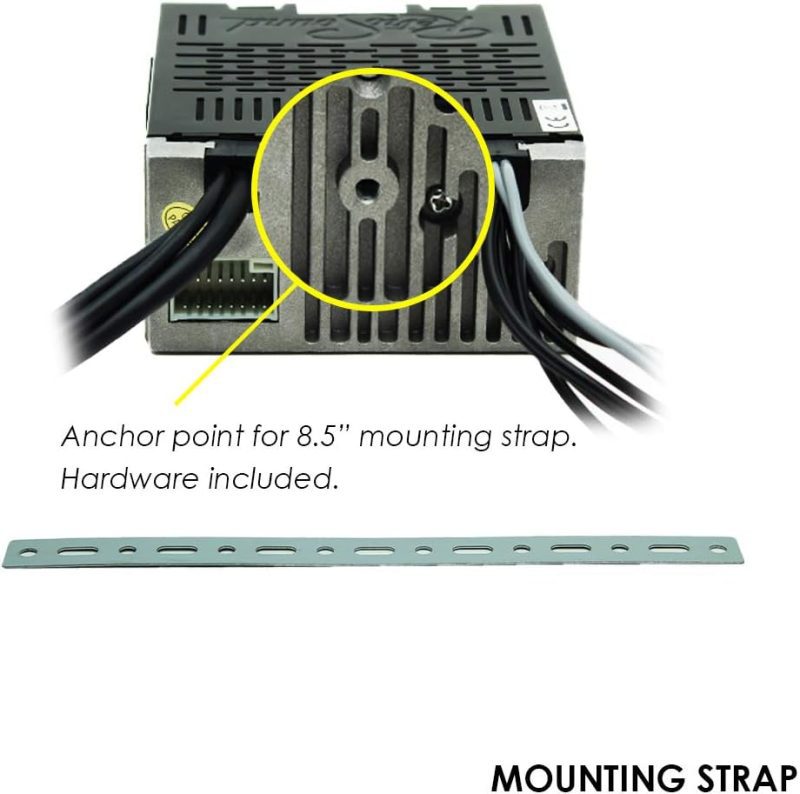 Electronic device with cables connected, featuring an 8.5-inch mounting strap anchor point and included hardware illustration