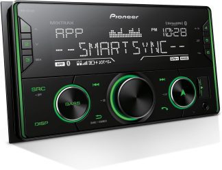 Pioneer car stereo system featuring a digital display, Bluetooth connectivity, smartphone sync, and audio controls