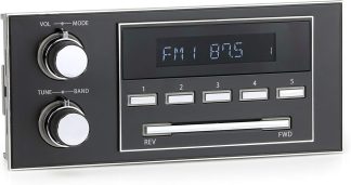 A vintage-style car stereo displaying FM 87.5 with number preset buttons, volume/mode, and tune/band knobs