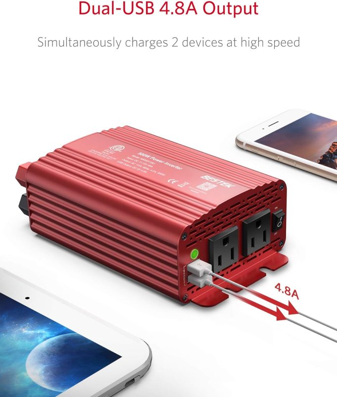 Red BESTEK power inverter with two USB ports, two AC outlets, charging a smartphone and a tablet