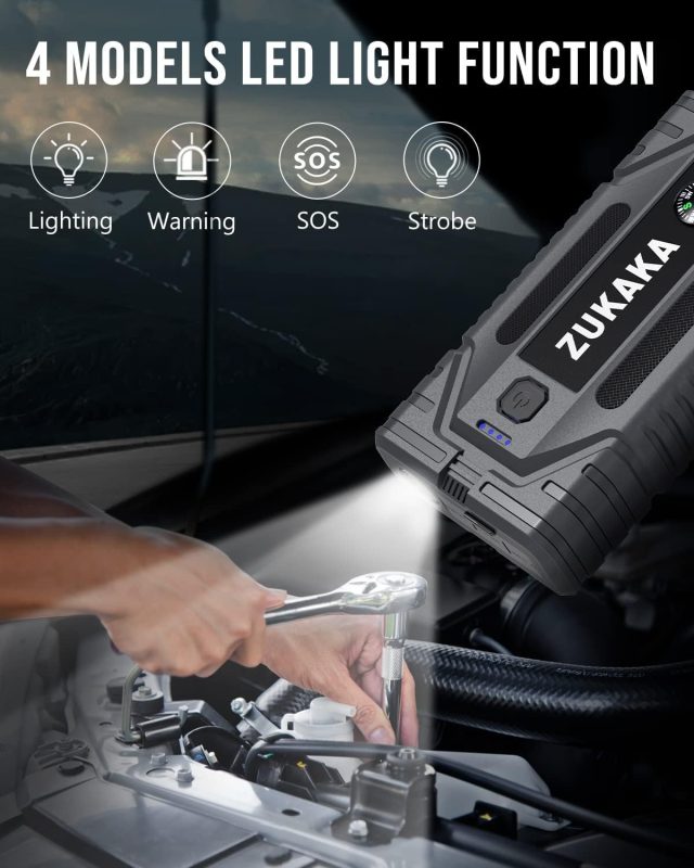 Person using a ZUKAKA portable LED light under the hood of a car, showing its functionality in automotive repair with Lighting, Warning, SOS, and Strobe modes.