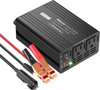 600W power inverter with two outlets and USB ports, includes cables and clamps for car battery connection