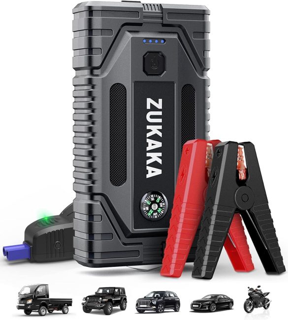 ZUKAKA portable car jump starter featuring red and black jumper cables and an integrated compass, compatible with trucks, SUVs, cars, and motorcycles