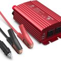 Red BESTEK 300W car power inverter with dual AC outlets,   USB ports,   cigarette lighter plug,   and alligator clips