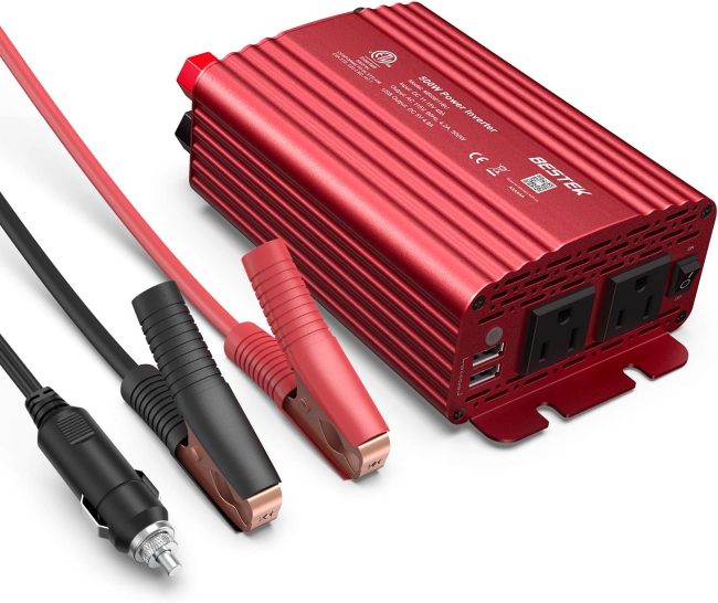 Red BESTEK 300W car power inverter with dual AC outlets, USB ports, cigarette lighter plug, and alligator clips