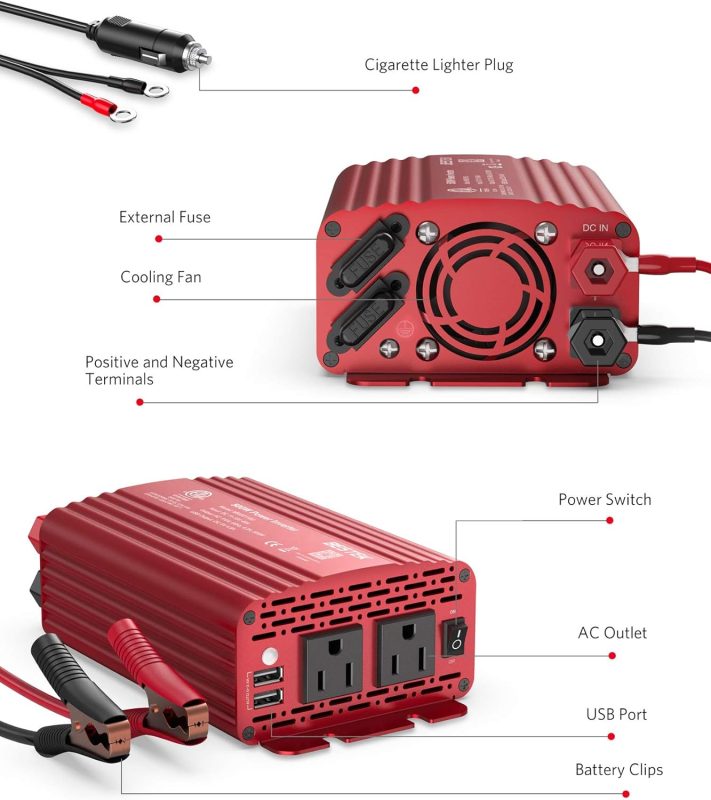 Red power inverter with cigarette lighter plug, external fuse, cooling fan, power switch, AC outlets, USB ports, and battery clips for DC to AC conversion