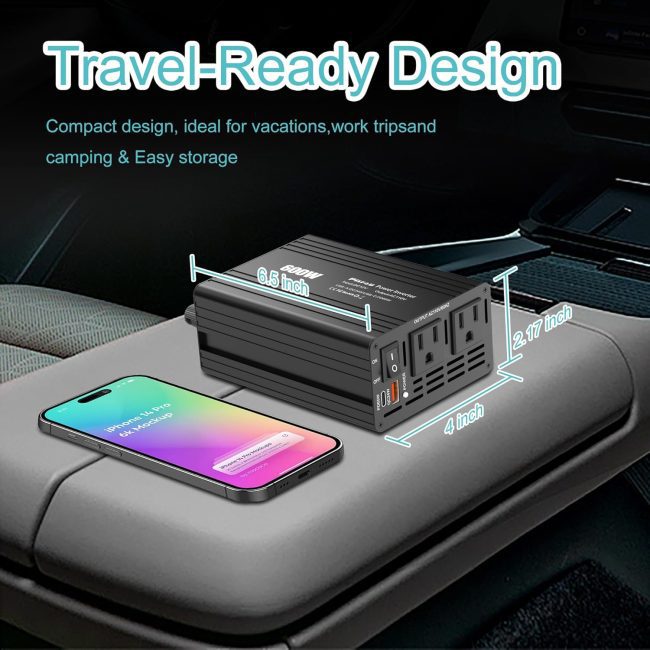 Compact power inverter placed next to a smartphone, ideal for travel use.