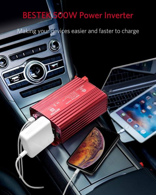 500W Power Inverter positioned on car console charging smartphone and tablet