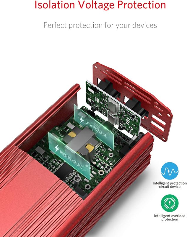 Device with isolation voltage protection featuring high and low pressure components, highlighting intelligent overload protection.