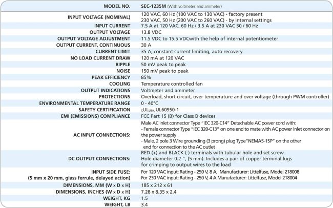 Detailed specification sheet for SEC-1235M including voltmeter and ammeter details