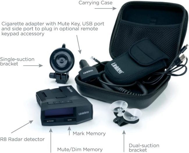 Uniden R8 Radar Detector package, includes carrying case, cigarette adapter, single and dual-suction brackets