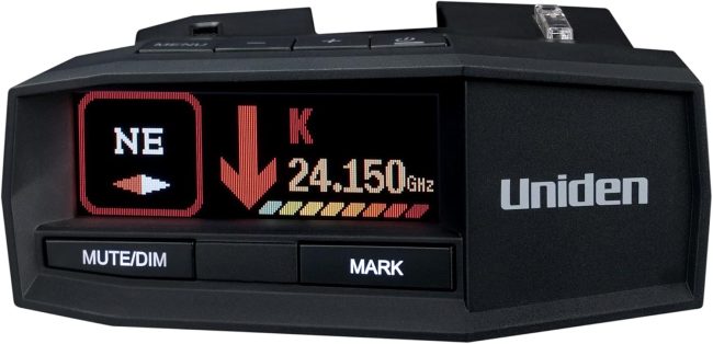 Uniden radar detector showing NE direction, 24.150 GHz frequency, and signal strength, with control buttons