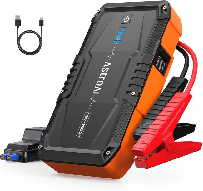 AstroAI portable car jump starter 12V 1500A model with red and black clamps and a USB charging cable