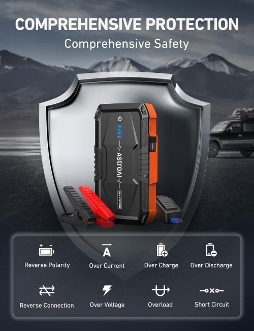 Portable vehicle jump starter with cables attached, set against a mountainous backdrop, highlighting safety features like reverse polarity and short circuit protection