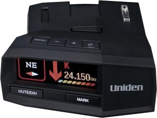 Uniden radar detector displaying NE direction and 24.150 GHz frequency with menu, mute/dim, and mark buttons