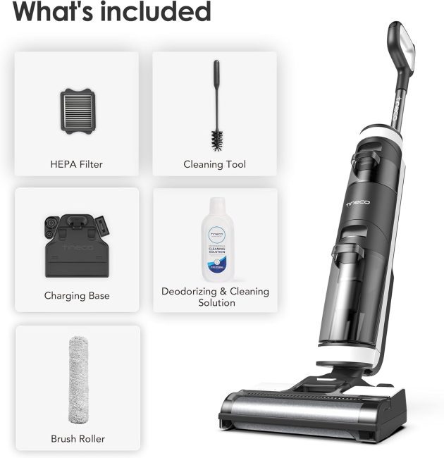 Vacuum cleaner with HEPA filter, cleaning tool, charging base, deodorizing solution, and brush roller