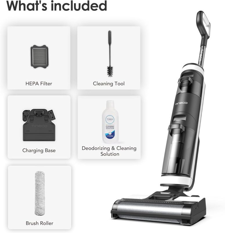 Vacuum cleaner with HEPA filter, cleaning tool, charging base, deodorizing solution, and brush roller