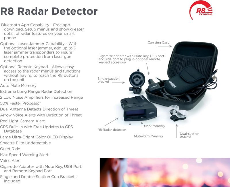 R8 Radar Detector advertisement showcasing Bluetooth app capability, laser jammer option, dual antenna, GPS updates, and more.