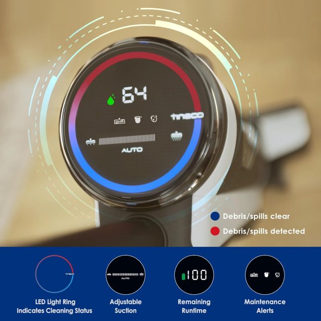 Tineco vacuum cleaner display showing LED light ring, auto mode, and maintenance alerts