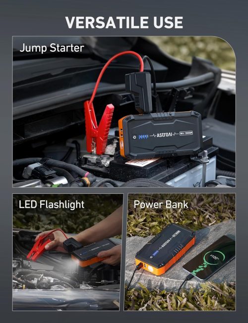 AstroAI multifunctional device being used as a jump starter connected to a car battery, with built-in LED flashlight and charging smartphone