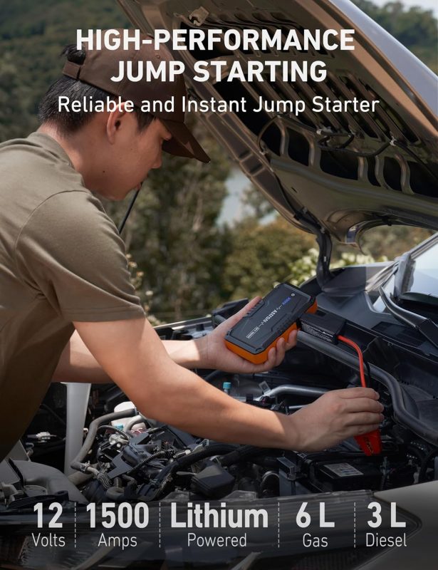 Person using a lithium-powered jump starter on a car battery, suitable for gas up to 6L and diesel up to 3L engines