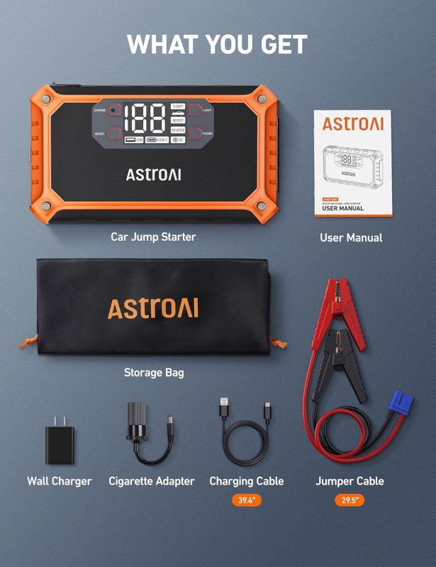 AstroAI Car Jump Starter with Accessories including User Manual, Storage Bag, Wall Charger, Cigarette Adapter, and Cables