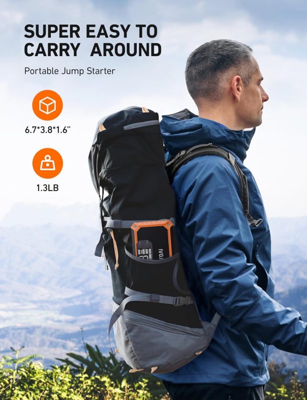 Person with backpack carrying a compact portable jump starter, size 6.7x3.8x1.6 inches, weight 1.3 lbs