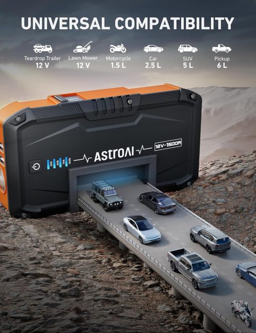 AstroAI 12V-1500A Jump Starter showing universal compatibility with various vehicles like SUVs, pickups, and motorcycles, set against a rugged terrain