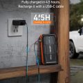 ASTROAI battery pack being charged from a wall charger in an outdoor setting,   4.5 hours fast charge feature highlighted
